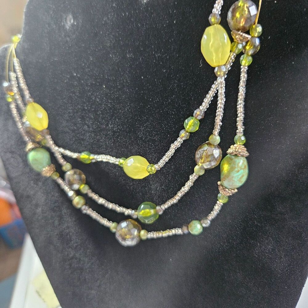 Cookie Lee Three Layered Green Beaded Necklace 18-20.5"